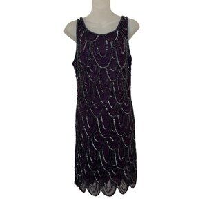 Pisarro Nights Beaded Sequin Sheath Mesh Short Dress Purple size 10 Art Deco